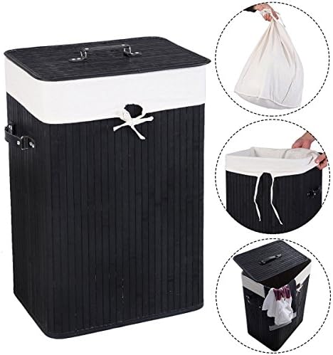 Rectangle Bamboo Hamper Laundry Basket Washing Cloth Bin Rangier Lid Black