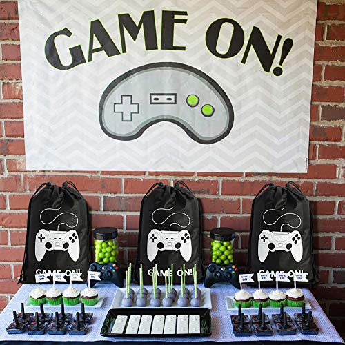 AhlsenL 24 Pack Video Game Bags Black Gaming Party Bags Pattern White Gamepad Two Drawstring with Button Non-Woven Fabrics for Kids Birthday Party
