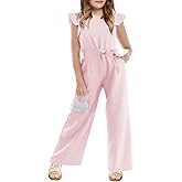 CharmWM Girls Jumpsuit Kids Fashion Cap Sleeve Belted Wide Leg Romper Dressy One Piece Outfits with Pockets, 9-10 Years, Pink