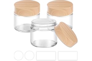 TECOHOUSE 2 oz Small Glass Containers with Lids, Glass Jars with Woodgrain Lids & Inner Liners, Reusable Travel Containers for Creams, Makeup, Lotion, Cosmetic - 3 pack