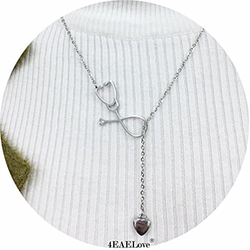 4EAELoveCustomize Heart Stethoscope Lariat Pendant Necklace ECG Engraved Back Can Custom for Doctor Medical Student Gift Nurse Thanksgiving Gift Jewelry Stainless Steel
