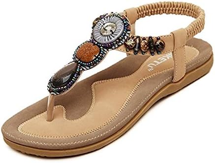 Miskly Women’s Fashion Ethnic Warp Ankle Flat Sandals Beaded Summer Beach Slippers (9, Apricot)