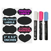 JPACO Chalkboard Labels for Jars - 56 Premium Big Labels & 3 Erasable Chalk Markers (Pink, White, Blue) Great for Pantry Organizing, Storage, Office, and Spice & Mason Jars