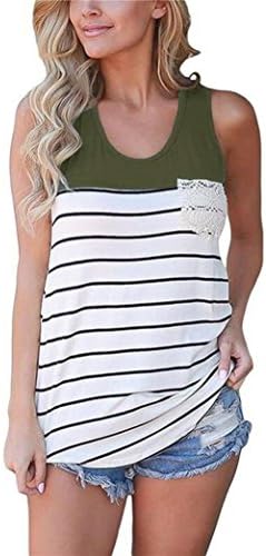 Women Tunic Vest, Qisc Women's Summer Tops, Casual Sleeveless Scoop Neck Color Block Striped Loose Fit Tank Top T-Shirts (M, Army Green)