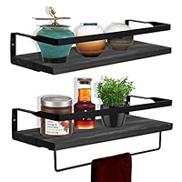 Normei Wood Floating Shelves Floating Shelves Wall Mounted Rustic Wood Shelves with Towel Holder for Bathroom, Kitchen, Set of 2 (Dark Brown)