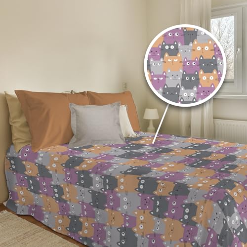 PENSIERI DELICATI Bedspread 220 x 280 cm, 100% Cotton Pique Single Towel, Ideal as a Furnishing Towel, Double Bed Blanket, Happycat Orange Design, 100% Made in Italy
