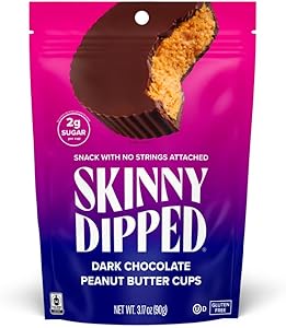 SkinnyDipped Dark Chocolate Peanut Butter Cups, 2g Sugar per Cup, Keto Friendly, No Stevia, Gluten Free, 3.2oz, 1 Pack (6 Cup