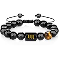 Kalapure Angel Number Bracelet, Natural Black Onyx Tiger Eye Stone Beads Bracelet, Gold 111 222 333 444 555 666 777 888 999 P