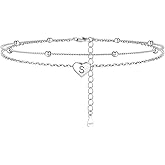 Silvora 925 Sterling Silver Anklets for Women Heart Anklet with Beaded Heart Initial Anklets for Womens