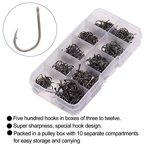 Angelhaken 500 Stück Seefischerei Terminal Tackle Haken Größen 3-12 Angelhaken Set mit klarer Angelbox für Angelzubehör – Bild 5