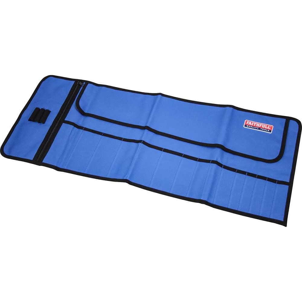 Faithfull FAITR15 15 Pocket Tool Roll Includes Zip Up Compartment, Blue