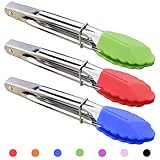 HINMAY Mini Tongs With Silicone Tips 7-Inch Serving Tongs - Set Of 3 - Small Tongs For BBQ, Salad, Grilling, Cooking, Appetizers And Food Serving (Green Red Blue)