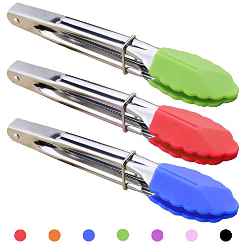 HINMAY Mini Tongs With Silicone Tips 7-Inch Serving Tongs - Set Of 3 - Small Tongs For BBQ, Salad, Grilling, Cooking, Appetizers And Food Serving (Green Red Blue)