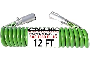 ZIYOSENLU 7 Way Coiled Trailer Cord 12FT Pigtail Heavy Duty Electric Cord -85°F Cold Resistant Soft Flexible ABS Power Cable for Semi Truck Trailers True 4/12+2/10+1/8 AWG (12FT Spring Wire)