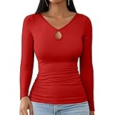 Haochic Women Fall Clothes Cut Out Shirts Long Sleeve Tshirts Ribbed Knit Slim Fitted Casual Basic Tee Tops Red M