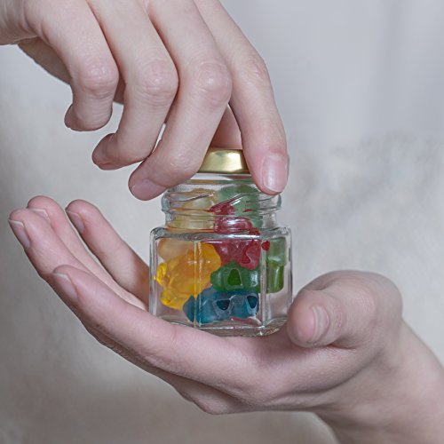 Hexagon Glass Jars by Nellam - 1.5oz, 12 Pack. Includes 24 Chalk Sticker Labels and 2x Chalk Pen. DIY Jars for Canning, Party Favors, Jams, Sauces, Herbs, Spices. (Gold Lid - 12 Pcs)