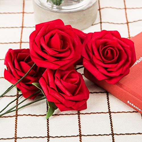 ZOOYOO Artificial Flowers Dark Red Roses 50pcs,Wedding Bridesmaid Bridal Bouquets Centerpieces,Wedding Decorations,Real Looking Fake Roses Stem for Party Decoration,Baby Shower Home Decorations - Thumbnail 2