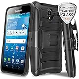 For Kyocera Hydro View C6742/Hydro Reach C6743 Case With TJS® Tempered Glass Screen Protector Included, Dual Layer Shockproof Armor Drop Protection Belt Clip Holster Built-in Kickstand (Black/Black)