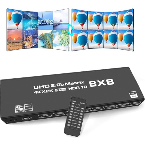 8x8 HDMI Matrix 4K@60Hz 8 in 8 Out HDMI Matrix Switcher Splitter YUV 4:4:4/RGB with RS232, IR, 18Gbps, HDCP2.2, HDMI2.0, 3D, EDID,ARC,CES,HDR10