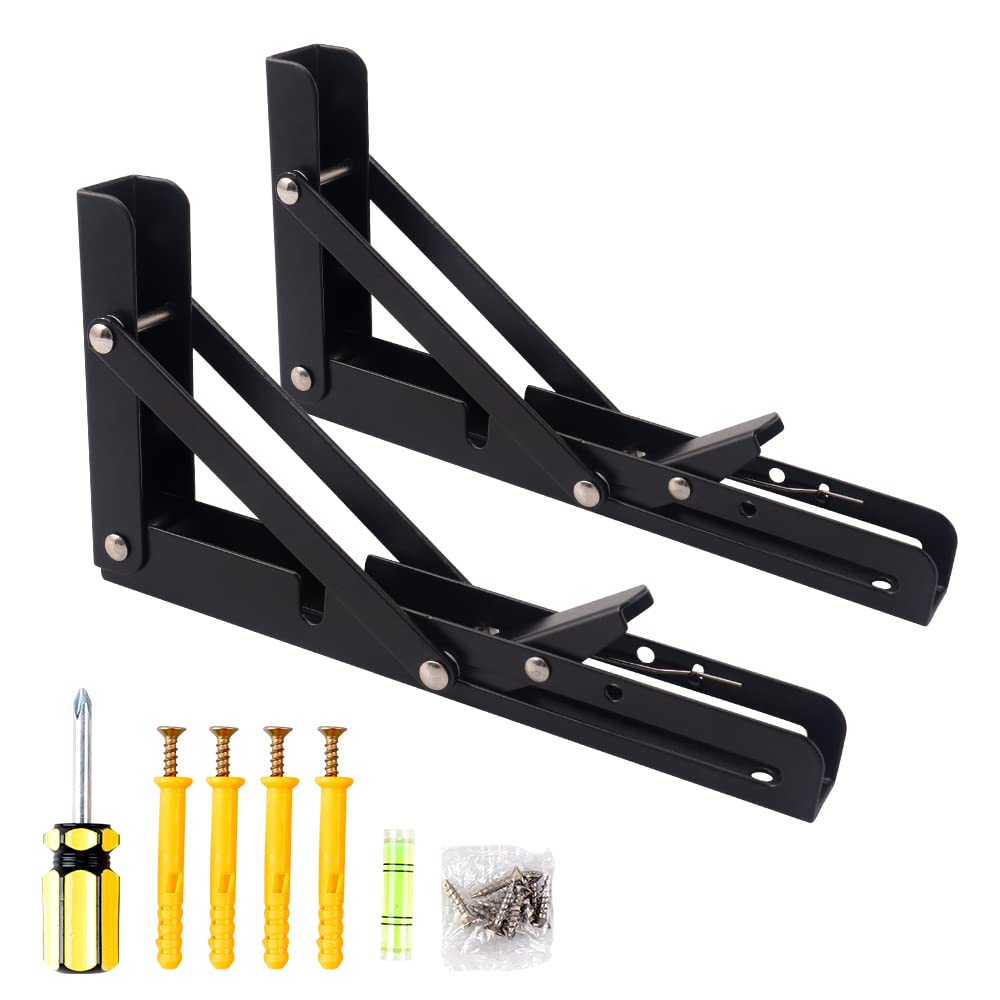 Oudtinx 2PCS Folding Shelf Brackets,Heavy Duty Triangle Shelf Bracket for Bench Table,Wall Mounted Standing Shelf Brackets for Saving Place,Multi Size 8" Black