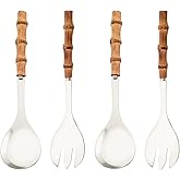 Uniturcky Serving Spoon and Fork Set, 304 Stainless Steel Serving Utensils with Natural Bamboo Handle, 10" Long Handle Servin