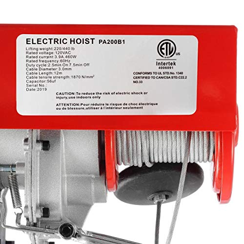 Partsam 440lbs Automatic Lift Electric Cable Hoist with Wireless Remote Control 120V Overhead Crane Garage Ceiling Pulley Winch w Towing Strap Sling, Electric Wire Rope Hoist, 38ft Lifting Height - Image 3
