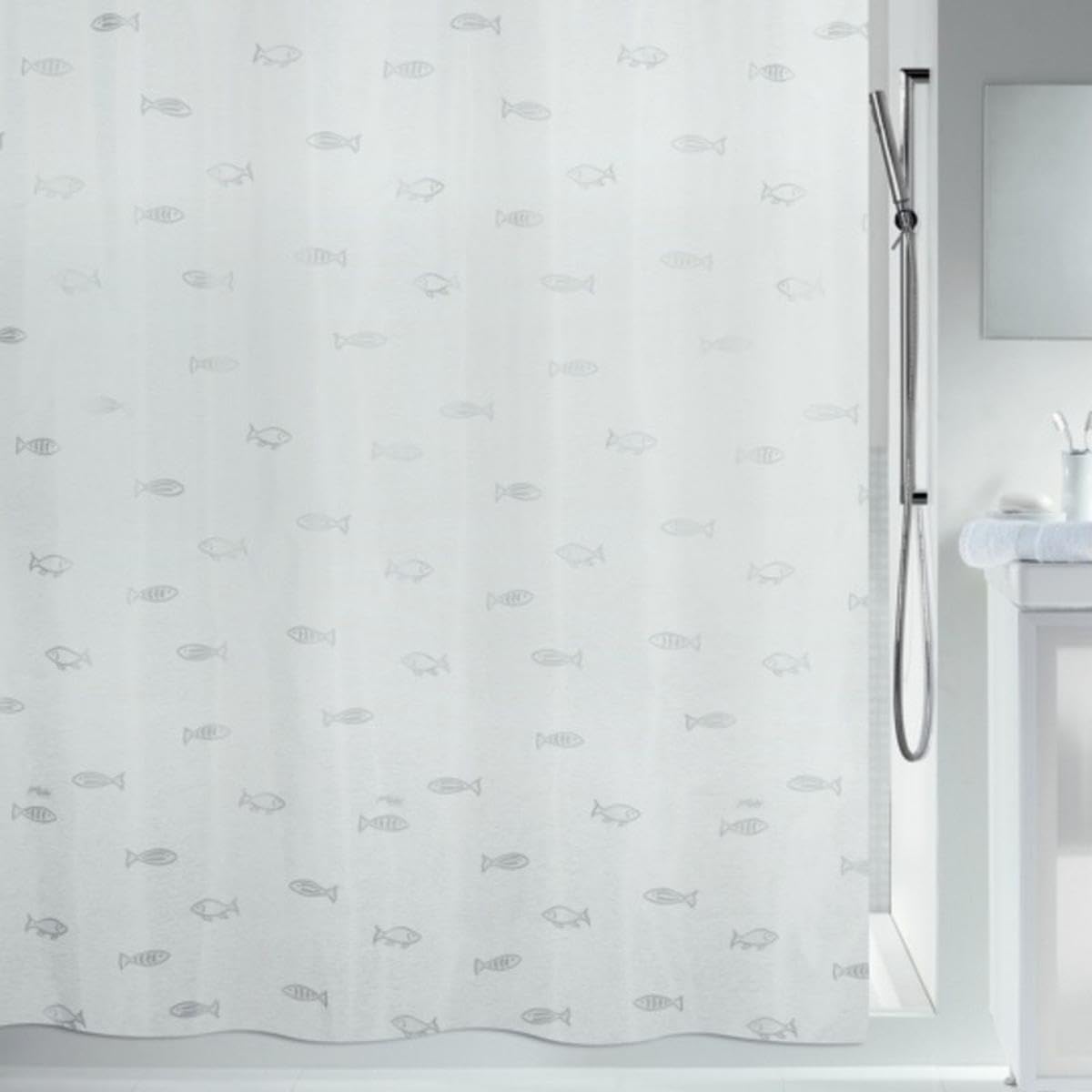 Spirella Kos Silver Metallic Effect Textile Polyester Shower Curtain, 180 x 200 cm, White/Silver