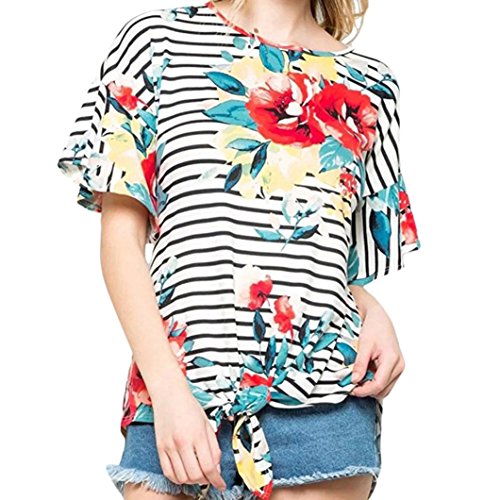 Click Here to See More Images NREALY Women Summer Stripe Floral Bow Printing T-Shirt Short Sleeve Tops Blouse Tee