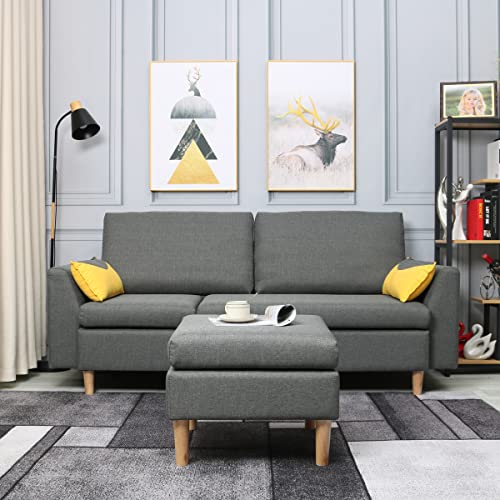HOMA Fabric Sectional Sofa, L-Shape 3seat Sofa with Ottoman, Small Couch in Linen Fabric with Reversible Chaise, Apartment Couch for Small Space (Grey, 3seat+Ottoman)