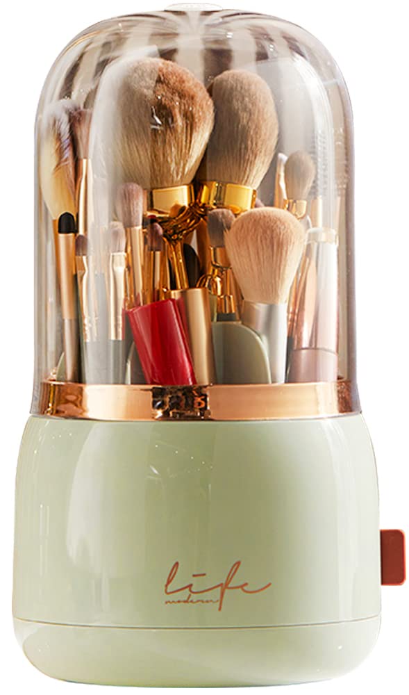 Bingobang Makeup Organiser Brush Holder 360 Rotating with Dustproof Lid, Spinning Cosmetic Organizer Acrylic, Storage for Lipstick, Lip Gloss, Eyeliner, Bedroom, Bathroom (Light Green)