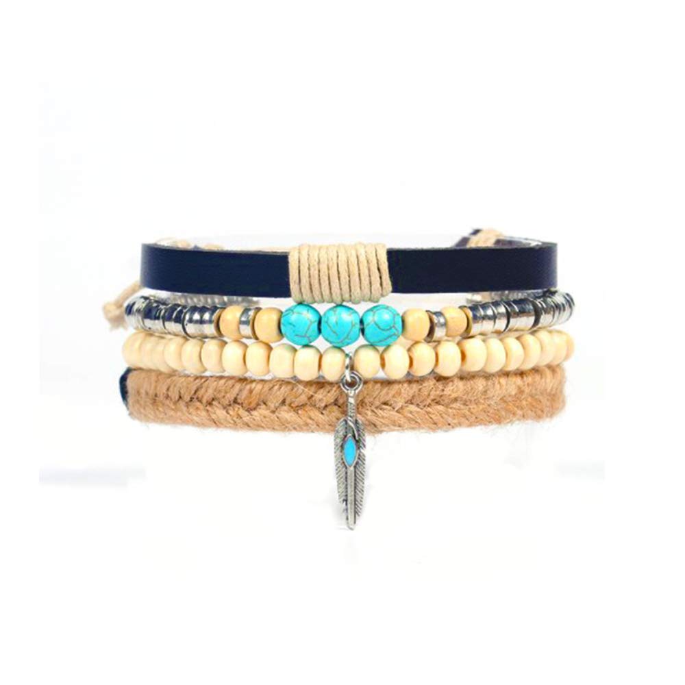 MiniJewelry Feather Turquoise Beads Braided Leather Wrap Bracelet for Men Women Adjustable 4PCs Hemp Rope