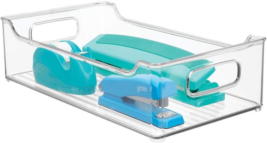 mDesign Stackable Plastic Home, Office Storage Bin Container - Desk and Drawer Organizer Tote with Handles - for Gel Pens, Pencils, Markers, Erasers, Tape, Notepads - 14.5