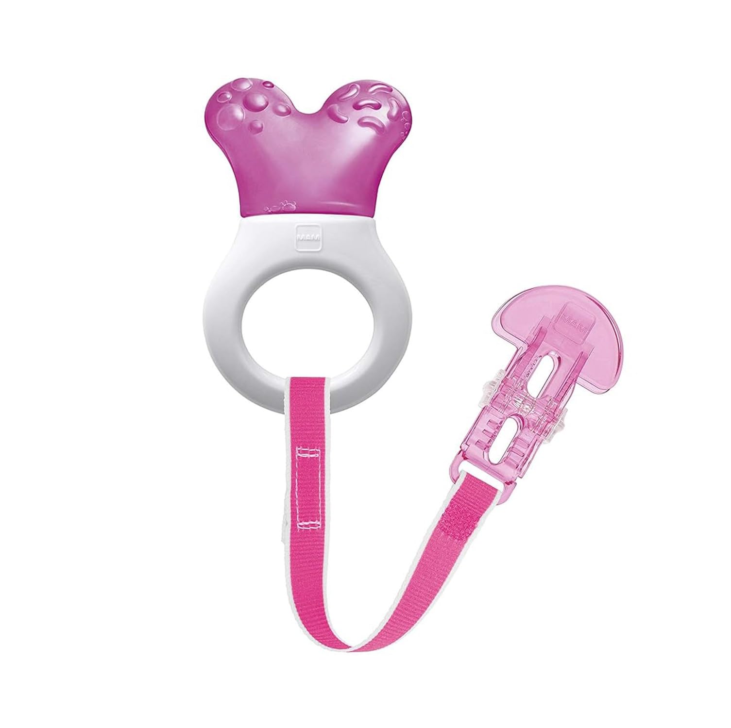 MAM Mini Cooler & Clip | Teething Toy with Water-Filled Cooling Element | Suitable from 2+ Months | Relief for Painful and Sensitive Gums | Easy-to-Hold Handle | Pink
