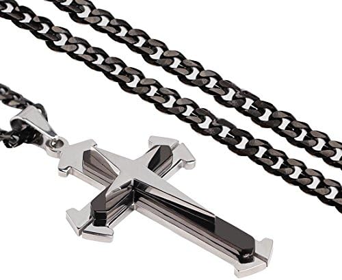 Violet Jewelry Stainless Steel Cross Necklace Byzantine Prayer Pendant Chain for Men Women Boys Black 24 inch 4mm