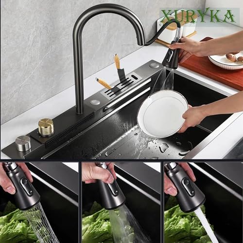 Stainless Steel Waterfall Kitchen Sink – Single Bowl with Thermostat Switch & Handwheel, 80×46×22cm