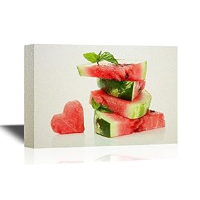 Canvas Wall Art - Heart Shaped Watermelon Slice and Pile of Slices - Gallery Wrap Modern Home Art | Ready to Hang - 12x18 inches
