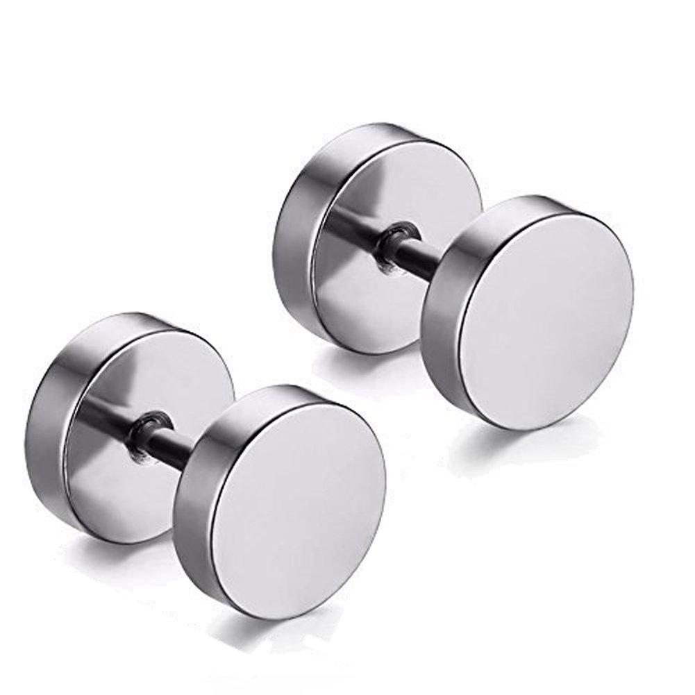 Aituo Unisex Cool 2Pcs Punk Gothic Stainless Steel Round Screw Mens Barbell Ear Studs Earrings Combination (Silver, 3mm+5mm+10mm, 3 pairs in total) — image 1