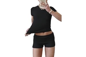 YETOWA Women's Casual Workout Two Piece Outfits Slim Short Sleeve Low Waist Foldover Shorts Tracksuit Sets Streetwear