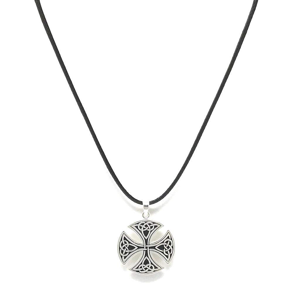 Strictly Gifts Silver Large Round Irish Celtic Cross Trinity Triquetra Knot Pendant for Men or Women 925 Sterling Silver with Gift Box (Pendant with Leatherette Necklace 41-46cm) — image 1