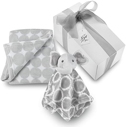 Baby Blanket Elephant Gift Set - Grey Circle Coral Fleece Blanket with Gray Elephant Security Blanket GIFT WRAPPED
