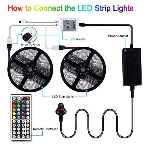 Mowetoo LED Strips Lights, 10M 300LEDs 5050 Color Changing RGB SMD with 44-Keys Remote Control, IP65 Waterproof 12V Power Decoration for Kitchen Wedding Party Garden House