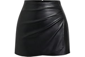 GORGLITTER Women's High Waisted Leather Skirt Wrap Ruched Bodycon Mini Skirts