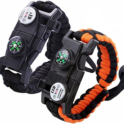 Survival Paracord Bracelet Emergency Adjustable Tactical Bracelet Kit Outdoor Survival Waterproof Wristband with SOS LED Light – Set Of 2- Compass, Fire Starter, Emergency Knife, Whistle,Fire Starter
