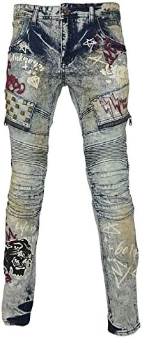 8DST mens doodle emb and print studed biker jean Vintage 34x32