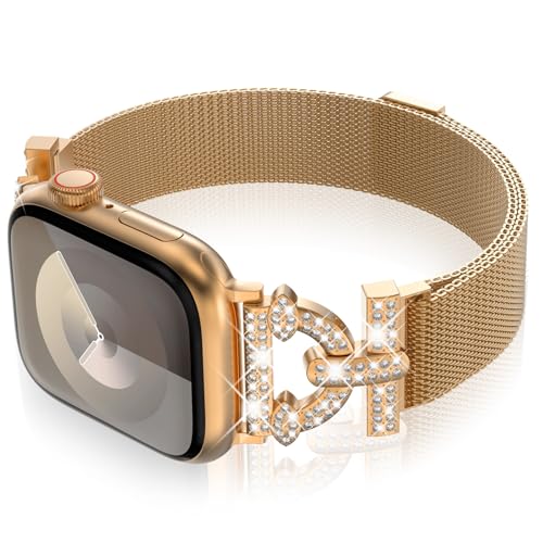 Surace Magnetic Band Compatible with Apple Watch Bands 45mm 44mm 42mm 41mm 40mm 38mm Bling Diamond Rhinestone Dressy Stainless Steel Mesh Loop for Apple Watch Series 9 8 7 6 5 4 3 2 1 Women, Rose Gold