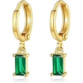 Green Earrings 18k Gold Plated Huggie Earrings with Dangle Simulated Emerald Earrings for Women Small Gold Huggie Hoop Earrings