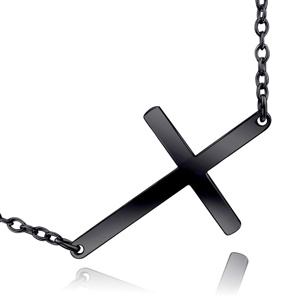 VONALA Sideways Cross Necklace Sterling Silver Black Plated Jewellery for Men Women Girls Boy (Black)