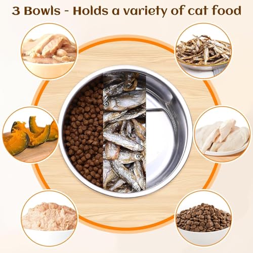 Last page® Elevated Cat Food Bowl, 15°Tilted Cat Bowl Stand with 3 Stainless Steel Raised Cat Bowls for Food and Water, Anti Vomit Feeding Station for Indoor Cats and Pet