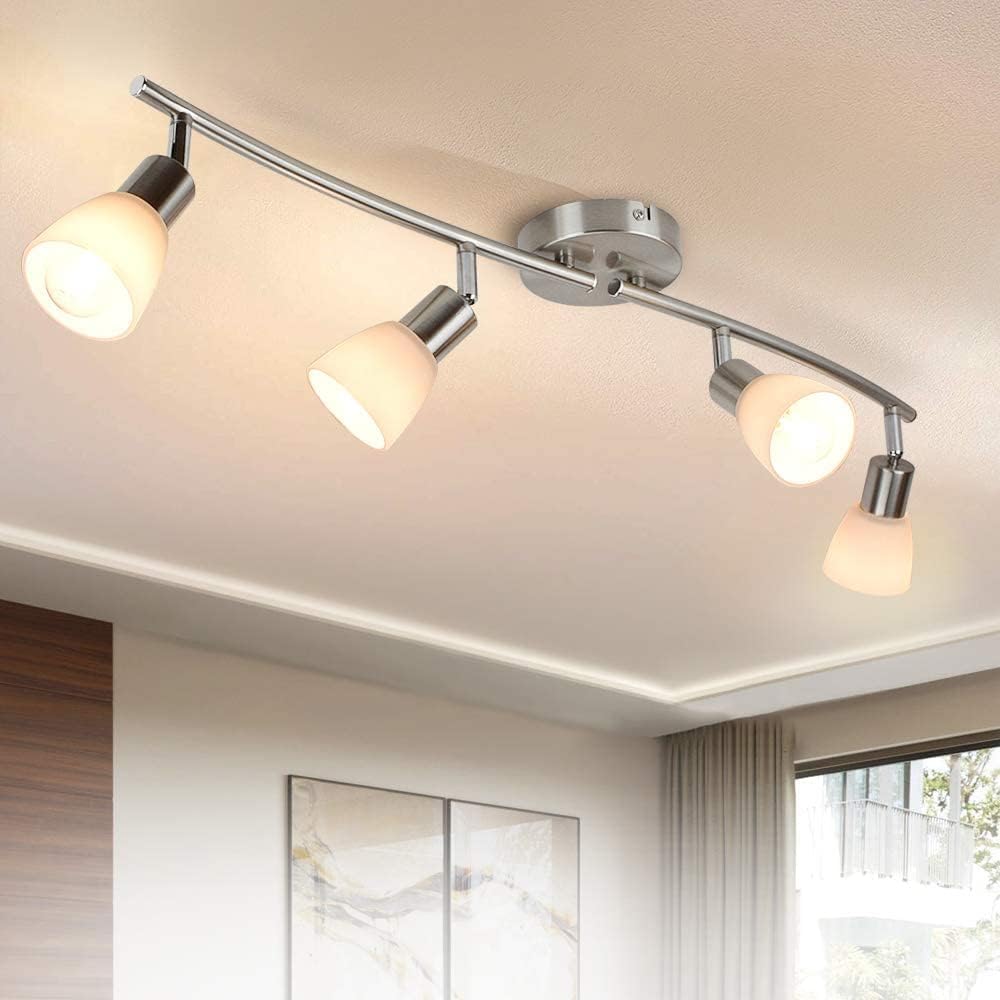 PADMA 4 Way LED Ceiling Spots, Rotatable Kitchen Spotlights with Frosted Glass Lampshade, 4X 5W 3000K E14 Bulbs Included, Polished Chrome Track Ceiling Lighting for Bedroom Kitchen Living Room