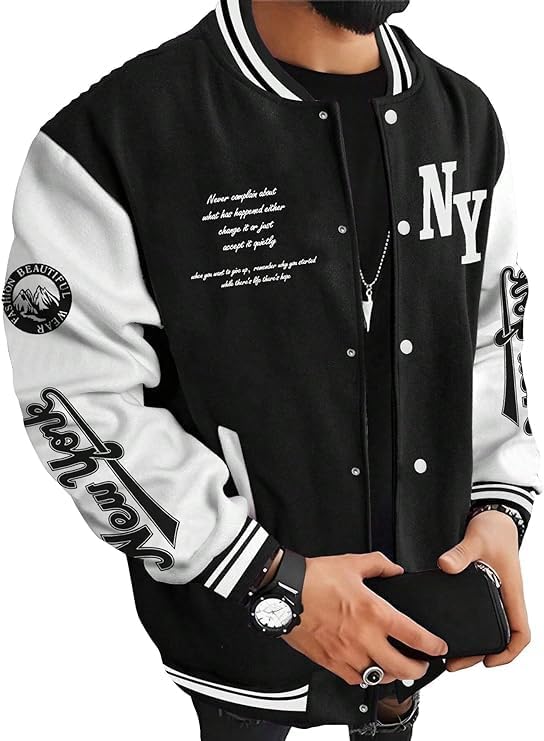 SOLY HUX Men's Varsity Jacket Color Block Letter Graphic Long